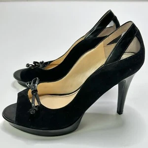 Marc Fisher Violat Black Leather Suede Mesh Peep Toe Bow Stiletto Heels Size 8 - Picture 1 of 12