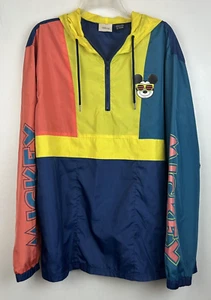 Disney Jacket Mens XXL Mickey Mouse 1/4 Zip Windbreaker Retro Color Block Hood - Picture 1 of 9