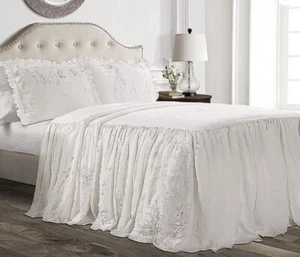 3 Pieces Farmhouse Decor Shabby Chic Queen Fitted Ruffle Skirt Bedspread Set  - Picture 1 of 3