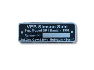 VEB Simson Suhl SR1 placa de identificación 1957 placa id plate - Imagen 1 de 1