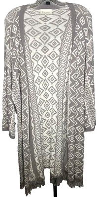 Suéter de manga larga Skies Are Blue para mujer gris blanco geométrico frente abierto talla 2X Foto 1 de 4