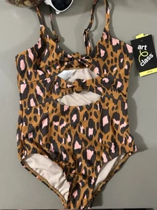 Art Class Girls Brown And Pink Leopard Print Swimsuit Adjustable Straps M(8) - Picture 1 of 6