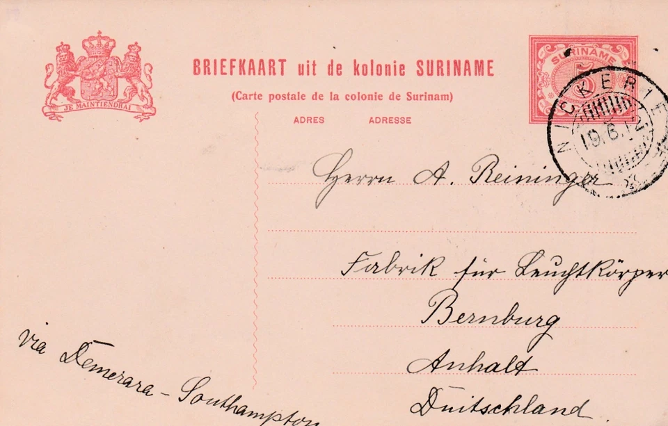 Suriname to Germany NICKERIE 5c Postcard Stationery via British Guiana UK 1912 - Image 1 of 1