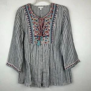 J Jill love linen Cardigan Top Boho 100% Linen Embroidered Striped Tassel Small - Picture 1 of 13