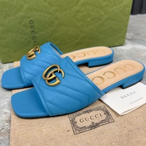 GUCCI Marmont GG Sandalias Deslizables Cuero Azul Mula 7 EE. UU. o 37 EUR - Imagen 1 de 11