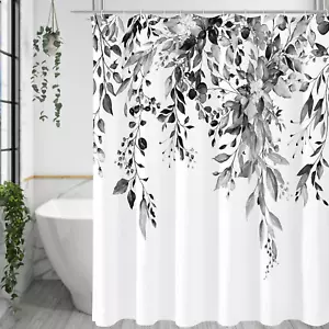 Black and White Eucalyptus Shower Curtain Set with Hooks, 72X72 - Picture 1 of 12