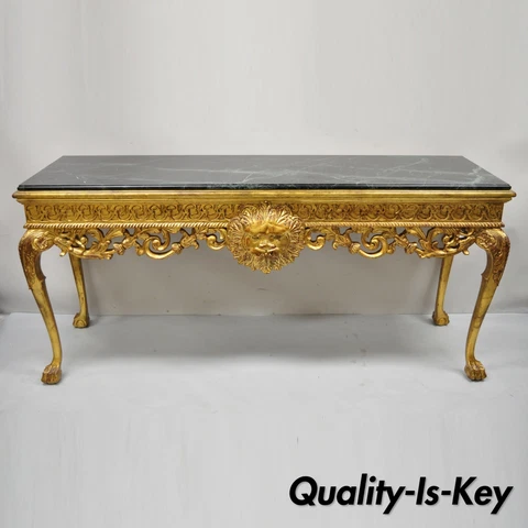 Vtg English Georgian Gold Gilt 72" Green Marble Top Paw Feet Console Hall Table Cover