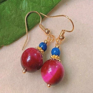 Fashion Natural 12mm Pink Tiger Eye Lapis Lazuli Round Beads Earrings Handmade - Picture 1 of 3