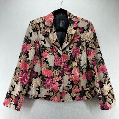 Blazer RQT Mujer Talla 12P Lino Rayón Floral Un Pecho Chaqueta Beige Rosa Foto 1 de 4