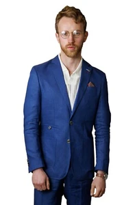 Abito da sposa estivo da uomo effetto fantasia lino slim fit 2 pezzi set in Na - Foto 1 di 7