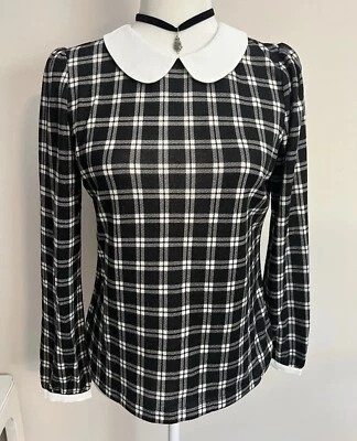 Black White Peter Pan Collar Top S Goth Emo Wednesday Addams Dark Academia Plaid - Image 1 of 4