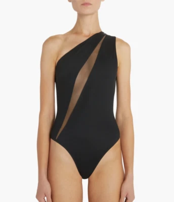 Versace X4917 Asymmetrical Sheer Inset One Piece Swimsuit, Black, 4/XL - Image 1 of 4