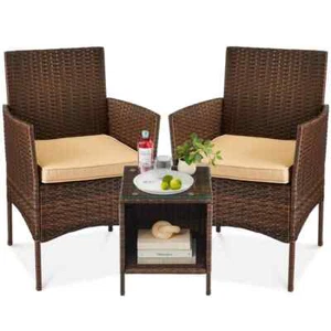 3-Piece Outdoor Wicker Conversation Patio Bistro Set, w/ 2-Chairs, Table, Cushio - Picture 1 of 7