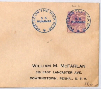 BRITISH GUIANA KGV Cover *SS MUNAMAR* BLUE SHIP CANCEL Maritime USA YJ300 - Image 1 of 4