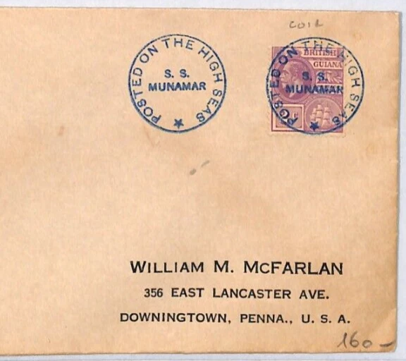 BRITISH GUIANA KGV Cover *SS MUNAMAR* BLUE SHIP CANCEL Maritime USA YJ300 - Image 1 of 4