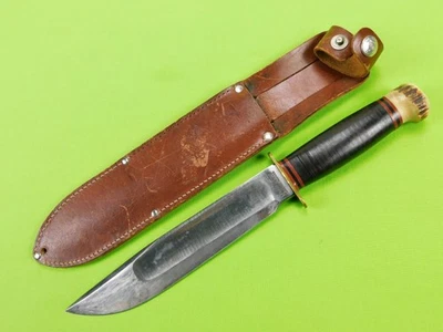Cuchillo de caza Bowie grande vintage antiguo de canicas de Estados Unidos con funda Foto 1 de 4