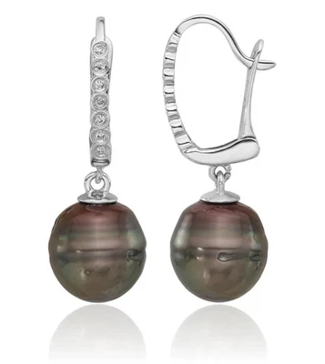 14K Solid White Gold 9mm Black Round Tahitian Saltwater Cultured Pearl Diamon... - Image 1 of 4