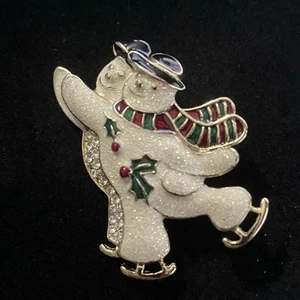 Vintage Ice Skating Snowman Couple Brooch Pin Gold Tone Enamel Rhinestone - Picture 1 of 5