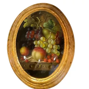 Vintage Stillleben Gemälde Obst oval Holz konvex lackiert Plakette Wanddeko - Bild 1 von 13