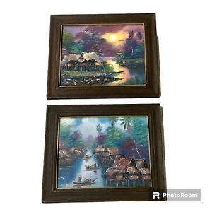 Parsarn Acrylic Framed Paintings Signed Tropical Village Sunset Lot Of 2