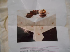 Vintage 70's~Scheepjes Cross Stitch Roses on Cream Color 100% Cotton Tablecloth  - Picture 1 of 8