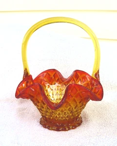 Vintage HANDGEBLASER Amberinenkorb, gerüschte Diamantspitze, Fenton? - Bild 1 von 7