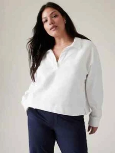 Athleta XL Retroterry Polo Sweatshirt, Bright White Athletic Long Sleeve Top NWT - Picture 1 of 7