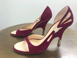 Used Giuseppe Zanotti magenta jewel ring suede leather pumps heels sz 37.5 B 7.5 - Picture 1 of 10