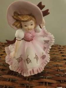 Lefton Kelvin Figurine girl ruffled dress up pink vtg sculpture Japan windy day - Picture 1 of 9