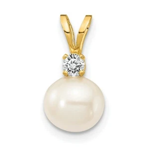 14K Yellow Gold 6mm White Freshwater Cultured Pearl AA Diamond Pendant - Picture 1 of 2