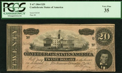 1864 $20 PCGS-35 VF CONFEDERATE STATES of AMERICA T-67 - Image 1 of 2