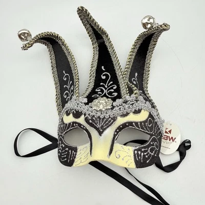 Mardi Gras Venetian Jester Joker Masquerade Party Eye Mask w/ Bells Silver Black - Image 1 of 4