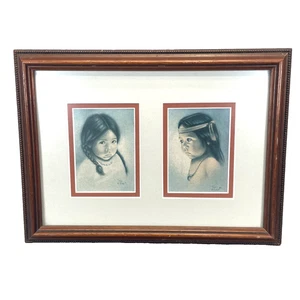 Vintage American Indian Pastel Portraits - TERIE KNAPP of an Indian Boy & Girl - Afbeelding 1 van 7