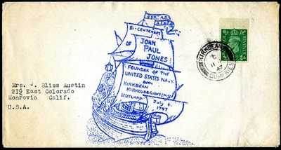 U.S. Navy, John Paul Jones birth bicentennial cover 7.11.47 Kirkbean, Scotland - Image 1 of 2