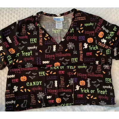 SB Scrubs Halloween Scrub Top Sz XS Small Black Spooky Ghost Spiders - Image 1 of 4
