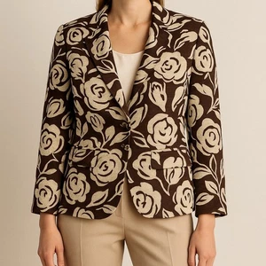 Talbots Damen Floral Jacquard Blazer 12W Braun Creme Baumwolle Leinen Sakko - Bild 1 von 10
