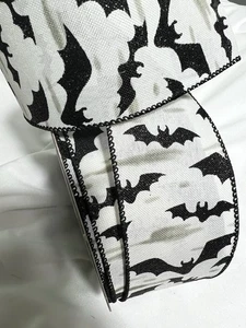 10 Yards 2.5 Inch Wired Ribbon Black White Bats Halloween Fall Ribbon for Bows - Picture 1 of 1