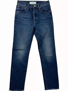 Mother Superior Distressed Embroidered Straight Leg Blue Denim Jeans Raw Hem 0 - Picture 1 of 12
