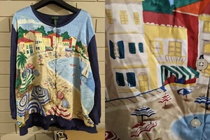 Ralph Lauren "GRADE B+"RARE Silk Graphic Beach Sea Button Up Jumper 27" PTP(3XL) - Picture 1 of 13