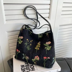 Vintage Floral Embroidered Tote Bag Summer Trendy Shoulder Bag Large-capacity - Picture 1 of 11