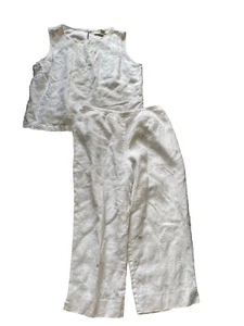 Norton McNaughton Set Pant Two Piece White Linen Large Cream Embroidered - Picture 1 of 10