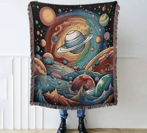 Vintage Cartoon Galaxy Woven Blanket, Sky Art Cotton Wall - Picture 1 of 1