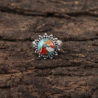 Round Spiny Oyster Copper Turquoise Sterling Silver Band Bezel Set Ring Jewelry - Image 1 of 4