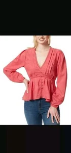 Jessica Simpson Womens Sz S Miranda Balloon Sleeve Plunge-Neck Button-Down Top - Picture 1 of 8