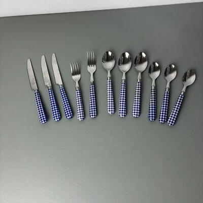 Blue Plastic Handle Gingham Made in China Stainless Flatware 11 Pieces - Image 1 of 4