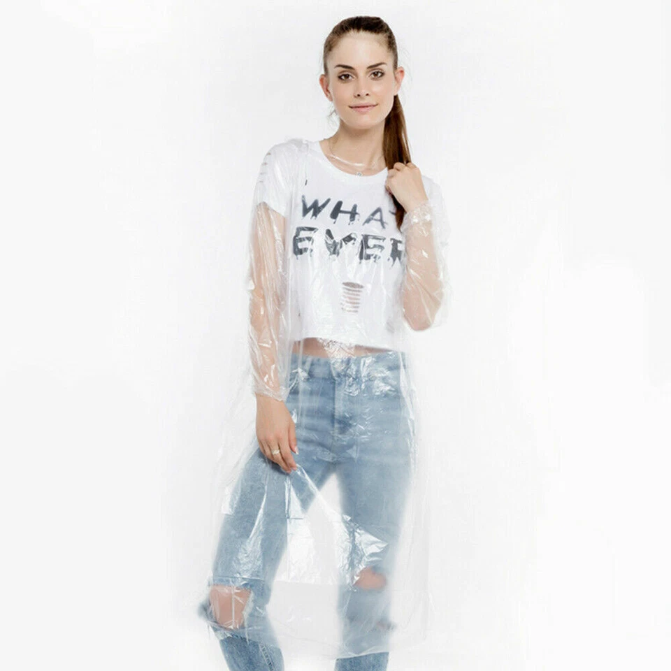 5x Desechable Capucha PE Impermeable Poncho Plástico Impermeable Prendas para Lluvia Sudadera con Capucha Viaje Foto 1 de 4