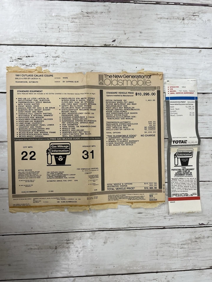 老式 1992 年 Oldsmobile Cutlas 经销商窗户贴纸 10K 美元 MSRP 特色星历 — 第 1/4 张图片