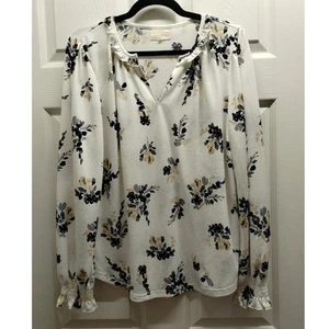 Top Melloday Anthropologie para mujer talla grande blanco floral manga larga cuello dividido - Imagen 1 de 7