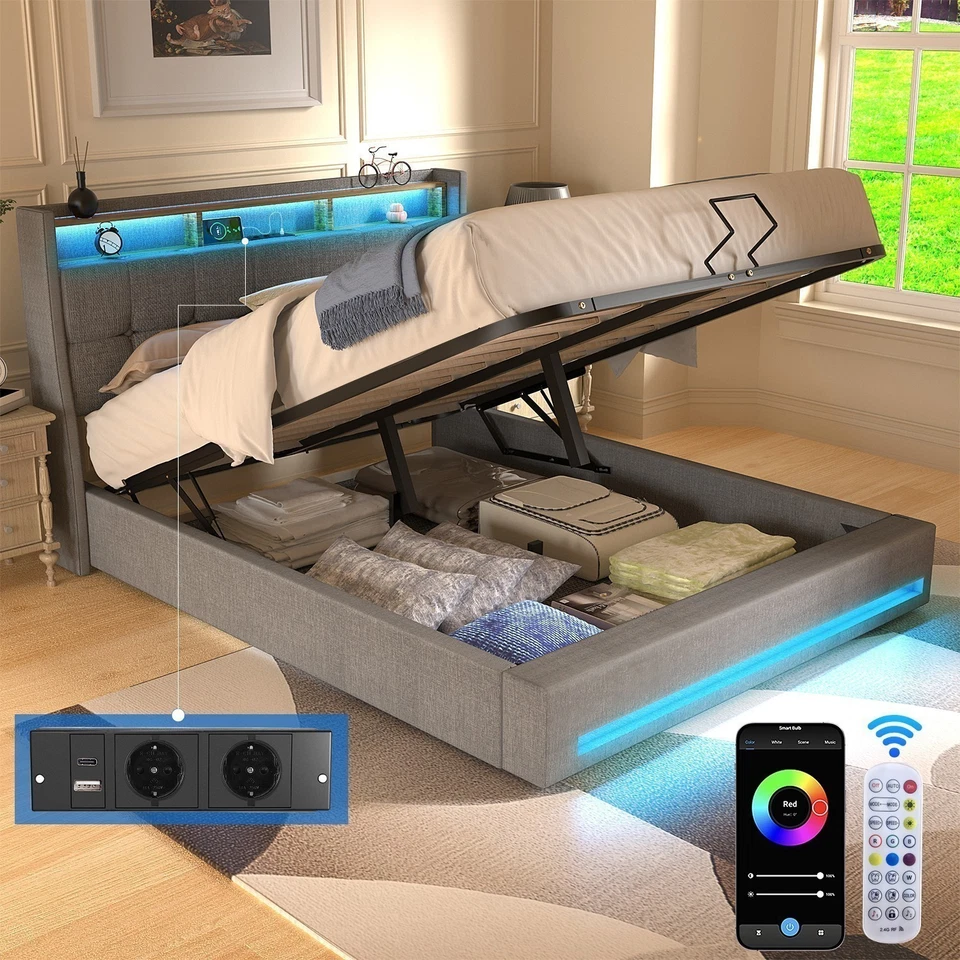 Polsterbett Doppelbett 140x200 mit LED Kopfteil Ladestation Bettgestell Stauraum - Bild 1 von 4