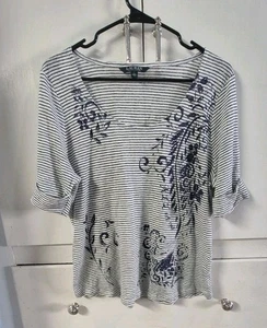 Lauren Ralph Lauren Leinen TShirt Top Large Blau Streifen Blumenmuster Kurz Slv - Bild 1 von 4